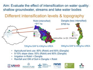 Different intensification levels & topography
Robit (intensified)
~911 ha
Dangila (less intensified)
5700 ha
Aim: Evaluate the effect of intensification on water quality:
shallow groundwater, streams and lake water bodies
• Agricultural land use: 80% (Robit) and 60% (Dangila)
• 0-10% slope class: 55% (Robit) and 80% (Dangila)
• Irrigation in Robit > Dangila
• Rainfall and OM of Soil in Dangila > Robit
72Kg/ha DAP & 43Kg/ha UREA 90Kg/ha DAP & 46Kg/ha UREA
endosulfan (α+β) 256ml/ha
 
