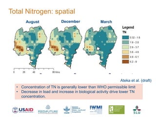 Total Nitrogen: spatial
9
August December March
• Concentration of TN is generally lower than WHO permissible limit
• Decrease in load and increase in biological activity drive lower TN
concentration.
Ateka et al. (draft)
 