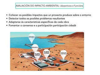 AVALIACIÓN DO IMPACTO AMBIENTAL: obxectivos e funcións
• Coñecer os posibles impactos que un proxecto produce sobre o entorno
• Detectar todos os posibles problemas resultantes
• Adaptarse ás características específicas de cada obra
• Fomentar o consenso e a participación participación cidadá
 