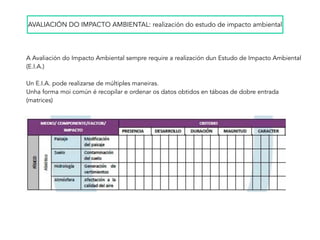 AVALIACIÓN DO IMPACTO AMBIENTAL: realización do estudo de impacto ambiental
A Avaliación do Impacto Ambiental sempre require a realización dun Estudo de Impacto Ambiental
(E.I.A.)
Un E.I.A. pode realizarse de múltiples maneiras.
Unha forma moi común é recopilar e ordenar os datos obtidos en táboas de dobre entrada
(matrices)
 