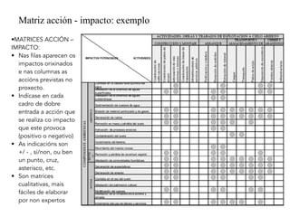 Matriz acción - impacto: exemplo
•MATRICES ACCIÓN –
IMPACTO:
• Nas filas aparecen os
impactos orixinados
e nas columnas as
accións previstas no
proxecto.
• Indícase en cada
cadro de dobre
entrada a acción que
se realiza co impacto
que este provoca
(positivo o negativo)
• As indicacións son
+/ - , sí/non, ou ben
un punto, cruz,
asterisco, etc.
• Son matrices
cualitativas, maís
fáciles de elaborar
por non expertos
 