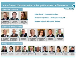 3

  Votre Conseil d’administration et les gestionnaires de Stornoway
Directeurs Éxécutifs

                                                                                                Siège Social : Longueuil, Québec

                                                                                                Bureau d’exploration : North Vancouver, CB

  Matt Manson                Pat Godin                 Zara Boldt                               Bureau régional : Mistissini, Québec
 Président et Chef          VP et Chef des            VP finances et
  de la direction             opérations                   CFO


Directeurs Non-Éxécutifs




   Ebe Scherkus            Michel Blouin              Yves Harvey             John LeBoutillier         Monique Mercier             Peter Nixon            Serge Vézina
    Indépendant/           Indépendant/               Indépendant               Indépendant/              Indépendant/              Indépendant            Indépendant
Président du Conseil       Délégué de IQ                                       Délégué de IQ             Délégué de IQ



Principaux Gestionnaires




                                                                                                                   Martin Boucher                                         Patrick Houle    Nick Thomas
Ghislain Poirier   Yves Perron          Robin             Dave Skelton       Brian Glover           John                               Guy Bourque         Helene
                                                                                                                      Directeur,                                          Directeur Rel.     Directeur
   VP Affaires     VP Ingénierie &     Hopkins           VP Développement   VP Protection des     Armstrong                            Ingénieur Minier   Robitaille
                                                                                                                    Développement                                            avec les      Relations aux
   Publiques        Construction     VP Exploration          de Projet           Actifs          Géologue Sénior                           en Chef        Directrice RH
                                                                                                                       Durable                                            Communautés.     investisseurs
 