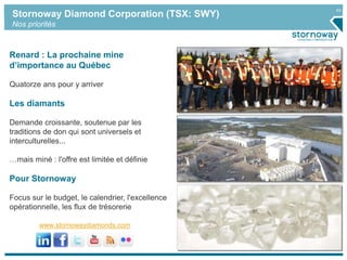 43
Renard : La prochaine mine
d’importance au Québec
Quatorze ans pour y arriver
Les diamants
Demande croissante, soutenue par les
traditions de don qui sont universels et
interculturelles...
…mais miné : l'offre est limitée et définie
Pour Stornoway
Focus sur le budget, le calendrier, l'excellence
opérationnelle, les flux de trésorerie
Stornoway Diamond Corporation (TSX: SWY)
Nos priorités
www.stornowaydiamonds.com
 