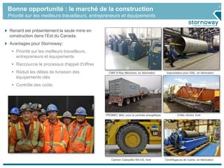 9
Bonne opportunité : le marché de la construction
Priorité sur les meilleurs travailleurs, entrepreneurs et équipements
CWX X-Ray Machines, en fabrication Vaporisateur pour GNL, en fabrication
PROMEC Mob. pour la centrale énergétique Crible vibrant, livré
Camion Caterpillar 60t UG, livré Centrifugeuse de l’usine, en fabrication
Renard est présentement la seule mine en
construction dans l’Est du Canada.
Avantages pour Stornoway:
• Priorité sur les meilleurs travailleurs,
entrepreneurs et équipements
• Raccourcie le processus d'appel d'offres
• Réduit les délais de livraison des
équipements clés
• Contrôle des coûts
 