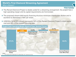 24 World’s First Diamond Streaming Agreement 
Why a Stream? 
The Renard Diamond Project is ideally suited for a streaming arrangement: the project has a 
high operating margin and its capital requirements are front-ended. 
The proposed stream-debt-equity financing structure minimizes shareholder dilution and is 
accretive to Stornoway’s NAV per share. 
US$250m for a 20% stream represents 34% of the Renard Diamond Project’s initial capital 
cost and 29% of the overall financing plan. 
Project Cash Operating Margin (Reserve Case, Nominal Terms) 
67.2% 
2013 Optimization 
Study1 
` 
-6.6% +2.6% 
20% Stream 
+3.8% -2.1% 
Current Reserve 
Case Mine Plan 
October 2013 LNG 
Operating Case 
Exchange Rate 
Diamond Price 
Assumptions1 
64.9% 
Notes: 
1. The January 2013 Optimized FS utilized May 2011 diamond pricing 
 