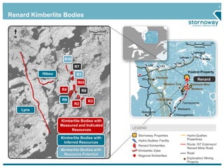 8 
Lynx 
R10 
N 
R7 
R1 
R65 
R2 
R8 
Kimberlite Bodies with 
Measured and Indicated 
Resources 
Hibou 
R4 
R9 
R3 
Kimberlite Bodies with 
Resource Potential 
Eleonore 
Western Troy Eastmain Mine 
Wemindji 
Legend 
Stornoway Properties 
Hydro-Québec Facility 
Renard Kimberlites 
Kimberlitic Dyke 
Regional Kimberlites 
Laforge 1 
Hydro-Québec 
Powerlines 
Route 167 Extension/ 
Renard Mine Road 
Road 
Exploration/ Mining 
Projects 
LEGEND: 
0 1 2 
Kilometers 
60 0 60 120 
Kilometers 
Renard 
LG2 LG3 
LG4 
Laforge 2 
Brisay 
Foxtrot Property 
Strateco 
Troilus Mine 
Temiscamie 
Mistissini 
Chibougamau 
Matagami 
Renard Kimberlite Bodies 
Kimberlite Bodies with 
Inferred Resources 
 