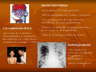 BRONCONEUMONIA Gran ataque al estado general Afecta principalmente a niños o ancianos Tos acompañada de expectoración amarillenta, de aspecto purulento Disnea y taquicardia desproporcionada a la elevación de la temperatura Tinte de la piel generalmente terroso A la exploración fisica: -presencia de estertores subcrepitantes y crepitantes, diseminados en varios focos (cambian de un lugar a otro). Radiologicamente -opacidades en moteado, en algodón desgarrado y bilateralidad (focos neumonicos) 