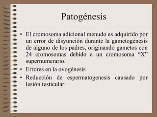 Patogénesis El cromosoma adicional menudo es adquirido por un error de disyunción durante la gametogénesis de alguno de los padres, originando gametos con 24 cromosomas debido a un cromosoma “X” supernumerario. Errores en la ovogénesis Reducción de espermatogenesis causado por lesión testicular 