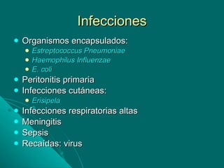 Infecciones Organismos encapsulados: Estreptococcus Pneumoniae Haemophilus Influenzae E. coli Peritonitis primaria Infecciones cutáneas: Erisipela Infecciones respiratorias altas Meningitis Sepsis Recaídas: virus 
