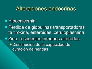 Alteraciones endocrinas Hipocalcemia Pérdida de globulinas transportadoras te tiroxina, esteroides, ceruloplasmina Zinc: respuestas inmunes alteradas Disminución de la capacidad de curación de heridas 