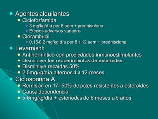 Agentes alquilantes Ciclofosfamida 3 mg/kg/día por 8 sem + prednisolona Efectos adversos variados Clorambucil 0,15-0,2 mg/kg día por 8 a 12 sem + prednisolona Levamisol: Antihelmíntico con propiedades inmunoestimulantes Disminuye los requerimientos de esteroides Disminuye recaídas 50% 2,5mg/kg/día alternos 4 a 12 meses Ciclosporina A Remisión en 17- 50% de pctes resistentes a esteroides Causa dependencia 5-6mg/kg/día + esteriodes de 6 meses a 5 años 