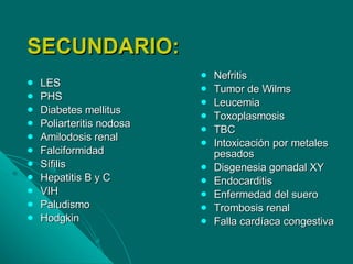 SECUNDARIO: LES PHS Diabetes mellitus Poliarteritis nodosa Amilodosis renal Falciformidad Sífilis Hepatitis B y C VIH Paludismo Hodgkin Nefritis Tumor de Wilms Leucemia Toxoplasmosis TBC Intoxicación por metales pesados Disgenesia gonadal XY Endocarditis Enfermedad del suero Trombosis renal Falla cardíaca congestiva 