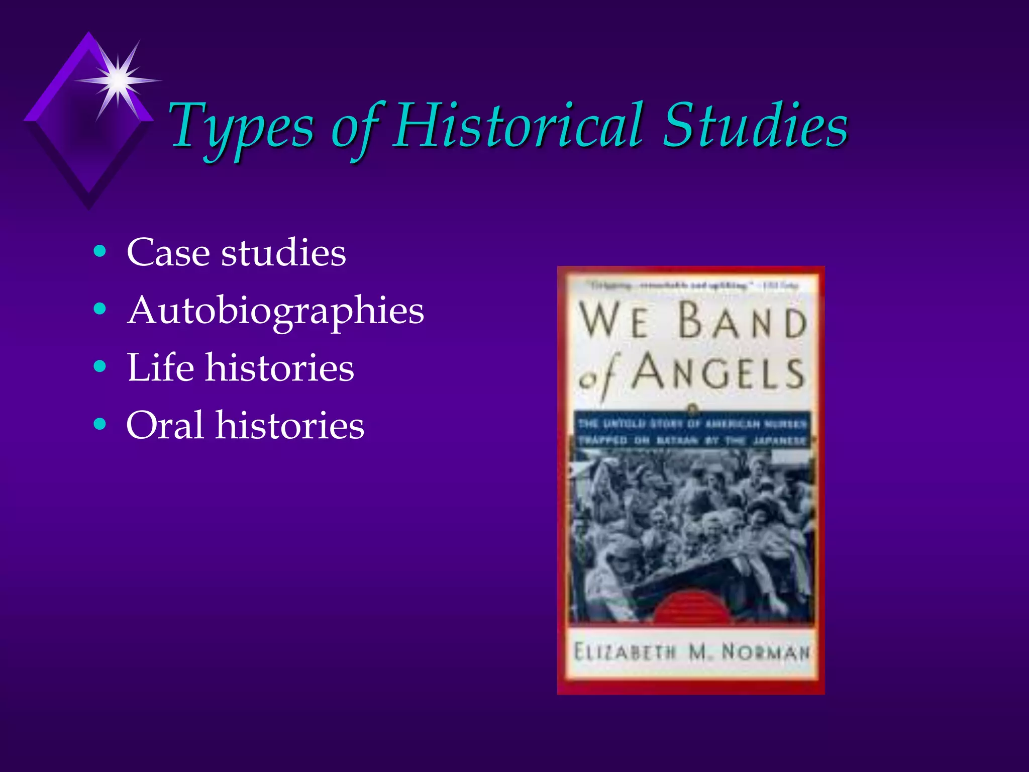 Types of Historical Studies
• Case studies
• Autobiographies
• Life histories
• Oral histories
 