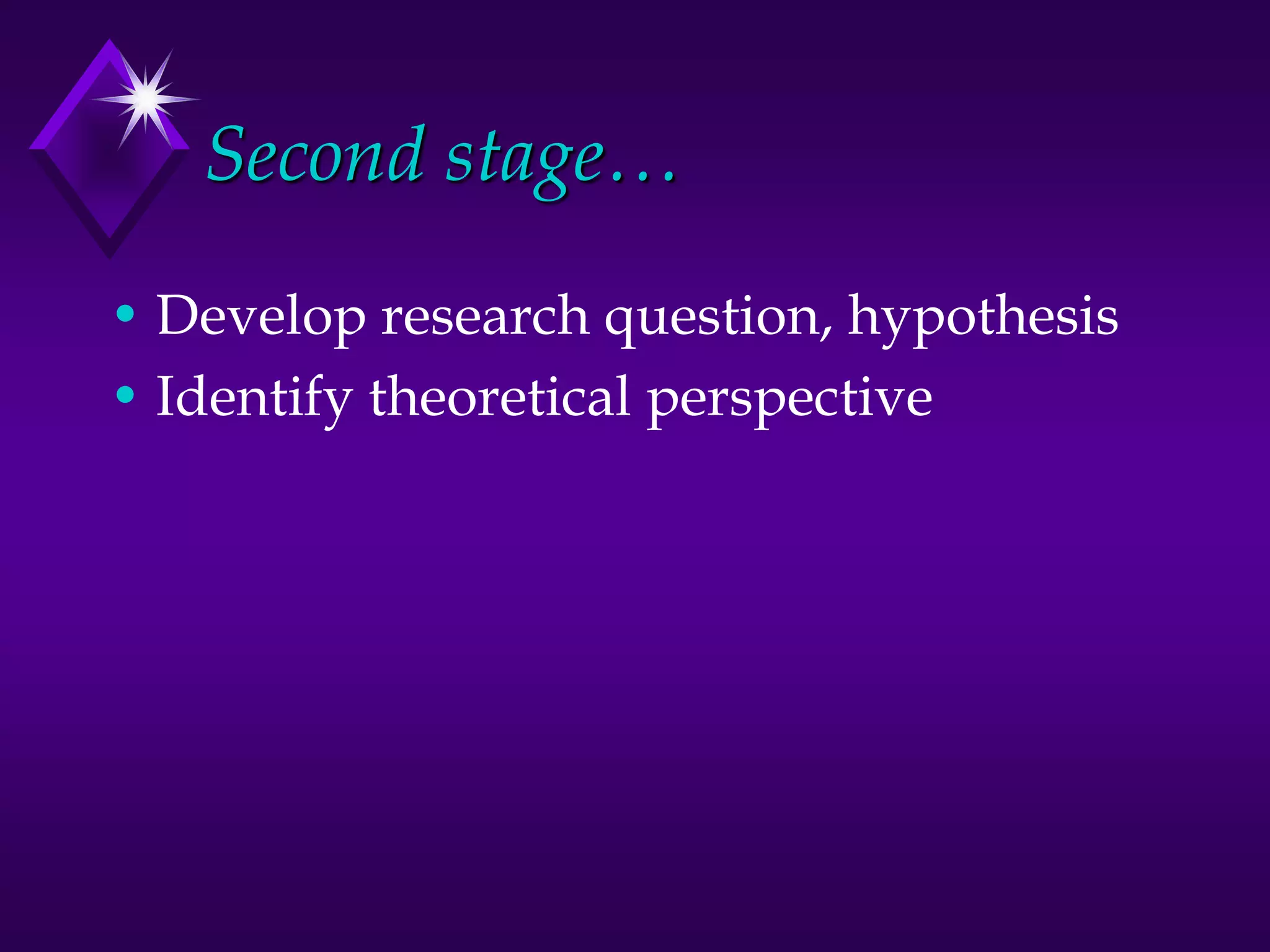 Second stage…
• Develop research question, hypothesis
• Identify theoretical perspective
 