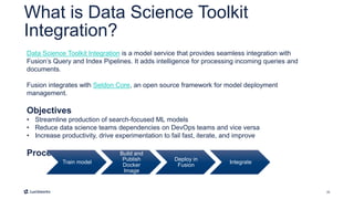 24
What is Data Science Toolkit
Integration?
Data Science Toolkit Integration is a model service that provides seamless integration with
Fusion’s Query and Index Pipelines. It adds intelligence for processing incoming queries and
documents.
Fusion integrates with Seldon Core, an open source framework for model deployment
management.
Objectives
• Streamline production of search-focused ML models
• Reduce data science teams dependencies on DevOps teams and vice versa
• Increase productivity, drive experimentation to fail fast, iterate, and improve
Process
Train model
Build and
Publish
Docker
Image
Deploy in
Fusion
Integrate
 
