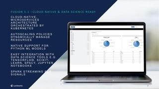 99
C L O U D - N AT I V E ,
M I C R O S E R V I C E S
A R C H I T E C T U R E
O R C H E S T R AT E D B Y
K U B E R N E T E S
A U T O S C A L I N G P O L I C I E S
D Y N A M I C A L LY M A N A G E
R E S O U R C E S
N AT I V E S U P P O R T F O R
P Y T H O N M L M O D E L S
E A S Y I N T E G R AT I O N W I T H
D ATA S C I E N C E T O O L S E . G .
T E N S O R F L O W, S C I K I T-
L E A R N , S PA C Y, J U P Y T E R
N O T E B O O K S
S PA R K S T R E A M I N G F O R
S I G N A L S
F U S I O N 5 . 1 – C LO U D N AT I V E & D ATA S C I E N C E R E A DY
 