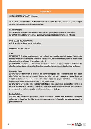 19
UNIDADE(S) TEMÁTICA(S): Números
OBJETO DE CONHECIMENTO: Números inteiros: usos, história, ordenação, associação
com pontos da reta numérica e operações.
SEMANA 1
HABILIDADE(S):
(EF07MA04A) Resolver problemas que envolvam operações com números inteiros.
(EF07MA04B) Elaborar problemas que envolvam operações com números inteiros.
CONTEÚDOS RELACIONADOS:
Adição e subtração de números inteiros
INTERDISCIPLINARIDADE:
Arte
(EF69AR16P7) Analisar criticamente, por meio da apreciação musical, usos e funções da
música em seus contextos de produção e circulação, relacionando as práticas musicais às
diferentes dimensões da vida social e cultural.
(EF69AR17P7) Explorar e descrever diferentes meios e equipamentos culturais de
circulação da música e do conhecimento musical, enfatizando artistas locais e regionais.
Educação Física
(EF67EF02P7) Identificar e analisar as transformações nas características dos jogos
eletrônicos em função dos avanços das tecnologias digitais e nas respectivas exigências
corporais demandadas por esses diferentes tipos de jogos, refletindo sobre seus
impactos na saúde, qualidade de vida e relações sociais.
(EF67EF05P7) Vivenciar, criar e utilizar estratégias para solucionar os desafios técnicos e
táticos, nos esportes de marca, precisão, invasão e técnico-combinatórios possibilitando
a ação assertiva e a intervenção em diversas situações de jogo.
Ensino Religioso
(EF07ER06X) Identificar princípios éticos e valores morais em diferentes tradições
religiosas e filosofias de vida, discutindo como podem influenciar condutas pessoais e
práticas sociais.
 