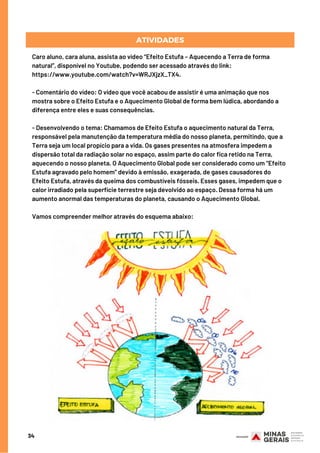 Caro aluno, cara aluna, assista ao vídeo “Efeito Estufa – Aquecendo a Terra de forma
natural”, disponível no Youtube, podendo ser acessado através do link:
https://www.youtube.com/watch?v=WRJXjzX_TX4.
- Comentário do vídeo: O vídeo que você acabou de assistir é uma animação que nos
mostra sobre o Efeito Estufa e o Aquecimento Global de forma bem lúdica, abordando a
diferença entre eles e suas consequências. 
- Desenvolvendo o tema: Chamamos de Efeito Estufa o aquecimento natural da Terra,
responsável pela manutenção da temperatura média do nosso planeta, permitindo, que a
Terra seja um local propício para a vida. Os gases presentes na atmosfera impedem a
dispersão total da radiação solar no espaço, assim parte do calor fica retido na Terra,
aquecendo o nosso planeta. O Aquecimento Global pode ser considerado como um “Efeito
Estufa agravado pelo homem” devido à emissão, exagerada, de gases causadores do
Efeito Estufa, através da queima dos combustíveis fósseis. Esses gases, impedem que o
calor irradiado pela superfície terrestre seja devolvido ao espaço. Dessa forma há um
aumento anormal das temperaturas do planeta, causando o Aquecimento Global.
Vamos compreender melhor através do esquema abaixo:
34
ATIVIDADES
 