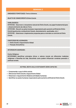 37
UNIDADE(S) TEMÁTICA(S): Terra e Universo
OBJETO DE CONHECIMENTO:Efeito Estufa
SEMANA 2
HABILIDADE(S):
EF07CI13A - Descrever o mecanismo natural do Efeito Estufa, seu papel fundamental para
o desenvolvimento da vida na Terra.
EF07CI13B - Discutir as ações humanas responsáveis pelo aumento artificial do Efeito
Estufa (queima dos combustíveis fósseis, desmatamento, queimadas, etc.)
EF07CI13C - Selecionar e implementar propostas para a reversão ou controle do Efeito
Estufa.
Efeito Estufa e Aquecimento Global
Poluição Atmosférica
CONTEÚDOS RELACIONADOS:
INTERDISCIPLINARIDADE:
Ensino Religioso
(EF07ER06X) Identificar princípios éticos e valores morais em diferentes tradições
religiosas e filosofias de vida, discutindo como podem influenciar condutas pessoais e
práticas sociais.
AO FINAL DESTA AULA O ESTUDANTE SERÁ CAPAZ DE:
Compreender o que é efeito estufa.
Diferenciar Efeito Estufa e Aquecimento Global
Relacionar o Aquecimento Global às atividades humanas;
Identificar as ações humanas responsáveis pelo aumento artificial do Efeito Estufa
 