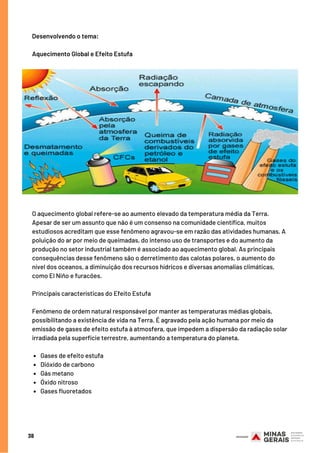Gases de efeito estufa
Dióxido de carbono
Gás metano
Óxido nitroso
Gases fluoretados
Desenvolvendo o tema:
Aquecimento Global e Efeito Estufa
O aquecimento global refere-se ao aumento elevado da temperatura média da Terra.
Apesar de ser um assunto que não é um consenso na comunidade científica, muitos
estudiosos acreditam que esse fenômeno agravou-se em razão das atividades humanas. A
poluição do ar por meio de queimadas, do intenso uso de transportes e do aumento da
produção no setor industrial também é associado ao aquecimento global. As principais
consequências desse fenômeno são o derretimento das calotas polares, o aumento do
nível dos oceanos, a diminuição dos recursos hídricos e diversas anomalias climáticas,
como El Niño e furacões.
Principais características do Efeito Estufa
Fenômeno de ordem natural responsável por manter as temperaturas médias globais,
possibilitando a existência de vida na Terra. É agravado pela ação humana por meio da
emissão de gases de efeito estufa à atmosfera, que impedem a dispersão da radiação solar
irradiada pela superfície terrestre, aumentando a temperatura do planeta.
38
 