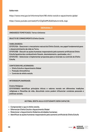 40
Saiba mais 
https://www.mma.gov.br/informma/item/195-efeito-estufa-e-aquecimento-global
https://www.youtube.com/watch?v=EZgSUdfMJ6c&feature=emb_logo
UNIDADE(S) TEMÁTICA(S): Terra e Universo
OBJETO DE CONHECIMENTO:Efeito Estufa
SEMANA 3
HABILIDADE(S):
EF07CI13A - Descrever o mecanismo natural do Efeito Estufa, seu papel fundamental para
o desenvolvimento da vida na Terra.
EF07CI13B - Discutir as ações humanas responsáveis pelo aumento artificial do Efeito
Estufa (queima dos combustíveis fósseis, desmatamento, queimadas, etc.)
EF07CI13C - Selecionar e implementar propostas para a reversão ou controle do Efeito
Estufa.
Efeito Estufa e Aquecimento Global
Poluição Atmosférica
Controle do efeito estufa
CONTEÚDOS RELACIONADOS:
INTERDISCIPLINARIDADE:
Ensino Religioso
(EF07ER06X) Identificar princípios éticos e valores morais em diferentes tradições
religiosas e filosofias de vida, discutindo como podem influenciar condutas pessoais e
práticas sociais.
AO FINAL DESTA AULA O ESTUDANTE SERÁ CAPAZ DE:
Compreender o que é efeito estufa.
Diferenciar Efeito Estufa e Aquecimento Global
Relacionar o Aquecimento Global às atividades humanas;
Identificar as ações humanas responsáveis pelo aumento artificial do Efeito Estufa
 