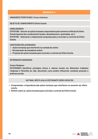 47
UNIDADE(S) TEMÁTICA(S): Terra e Universo
OBJETO DE CONHECIMENTO:Efeito Estufa
SEMANA 4
HABILIDADE(S):
EF07CI13B - Discutir as ações humanas responsáveis pelo aumento artificial do Efeito
Estufa (queima dos combustíveis fósseis, desmatamento, queimadas, etc.)
EF07CI13C - Selecionar e implementar propostas para a reversão ou controle do Efeito
Estufa.
Ações humanas que interferem na camada de ozônio
Recuperação da camada de ozônio
Proposta de ações humanas para reversão e controle do Efeito Estufa.
CONTEÚDOS RELACIONADOS:
INTERDISCIPLINARIDADE:
Ensino Religioso
(EF07ER06X) Identificar princípios éticos e valores morais em diferentes tradições
religiosas e filosofias de vida, discutindo como podem influenciar condutas pessoais e
práticas sociais.
AO FINAL DESTA AULA O ESTUDANTE SERÁ CAPAZ DE:
Compreender a importância das ações humanas que interferem no aumento do efeito
estufa.
Refletir sobre as  ações humanas para reversão e controle do Efeito Estufa.
 