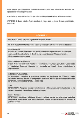 70
Muito daquilo que conhecemos do Brasil atualmente, não fazia parte de seu território na
época da colonização portuguesa.
ATIVIDADE 4- Quais são os fatores que contribuíram para a expansão territorial do Brasil?
ATIVIDADE 5- Quais cidades foram capitais do nosso país ao longo de sua constituição
territorial?
UNIDADE(S) TEMÁTICA(S): O Sujeito e seu lugar no mundo
OBJETO DE CONHECIMENTO: Ideias e concepções sobre a formação territorial do Brasil
SEMANA 2
HABILIDADE(S):
(EF07GE02) Analisar a influência dos fluxos econômicos e populacionais na formação
socioeconômica e territorial do Brasil, compreendendo os conflitos e as tensões
históricas e contemporâneas.
CONTEÚDOS RELACIONADOS:
Brasil:  formação territorial; Brasil e os conceitos de povo, nação, país, Estado, sociedade
e cidadania); Processo histórico de formação do Brasil; fluxos econômicos e
populacionais.
INTERDISCIPLINARIDADE:
Os conteúdos, conceitos e processos tratados na habilidade de EF06GE02 serão
retomados ao longo do ano no componente curricular História por meio das habilidades
(EF07HI12), (EF07HI13), (EF07HI14) e (EF07HI16).
Arte
(EF69AR02P7). Pesquisar e descrever diferentes estilos visuais, contextualizando-os no
tempo e no espaço e associando-os à cultura local.
Ensino Religioso
(EF07ER06X) Identificar princípios éticos e valores morais em diferentes tradições
religiosas e filosofias de vida, discutindo como podem influenciar condutas pessoais e
práticas sociais.
 