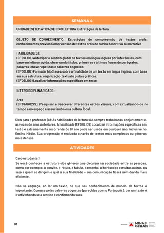 90
HABILIDADE(S):
(EF07LI06) Antecipar o sentido global de textos em língua inglesa por inferências, com
base em leitura rápida, observando títulos, primeiras e últimas frases de parágrafos,
palavras-chave repetidas e palavras cognatas 
(EF06LI07) Formular hipóteses sobre a finalidade de um texto em língua inglesa, com base
em sua estrutura, organização textual e pistas gráficas. 
(EF06LI09) Localizar informações específicas em texto
UNIDADE(S) TEMÁTICA(S): EIXO LEITURA  Estratégias de leitura
OBJETO DE CONHECIMENTO: Estratégias de compreensão de textos orais:
conhecimentos prévios Compreensão de textos orais de cunho descritivo ou narrativo
SEMANA 4
INTERDISCIPLINARIDADE:
Arte
(EF69AR02P7). Pesquisar e descrever diferentes estilos visuais, contextualizando-os no
tempo e no espaço e associando-os à cultura local.
Dica para o professor (a): As habilidades de leitura são sempre trabalhadas conjuntamente,
às vezes de anos anteriores. A habilidade (EF06LI09) Localizar informações específicas em
texto é extremamente recorrente do 6º ano pode ser usada em qualquer ano, inclusive no
Ensino Médio. Sua progressão é realizada através de textos mais complexos ou gêneros
mais densos.
Caro estudante!!
Se você conhecer a estrutura dos gêneros que circulam na sociedade entre as pessoas,
como por exemplo, o convite, o rótulo, a fábula, a resenha, o horóscopo e muitos outros, ou
seja a quem se dirigem e qual a sua finalidade – sua comunicação ficará sem dúvida mais
eficiente.
Não se esqueça, ao ler um texto, de que seu conhecimento de mundo, de textos é
importante. Comece pelas palavras cognatas (parecidas com o Português). Ler um texto é
ir adivinhando seu sentido e confirmando suas
ATIVIDADES
 