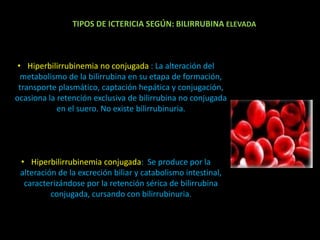 • Hiperbilirrubinemia no conjugada : La alteración del
metabolismo de la bilirrubina en su etapa de formación,
transporte plasmático, captación hepática y conjugación,
ocasiona la retención exclusiva de bilirrubina no conjugada
en el suero. No existe bilirrubinuria.
• Hiperbilirrubinemia conjugada: Se produce por la
alteración de la excreción biliar y catabolismo intestinal,
caracterizándose por la retención sérica de bilirrubina
conjugada, cursando con bilirrubinuria.
TIPOS DE ICTERICIA SEGÚN: BILIRRUBINA ELEVADA
 