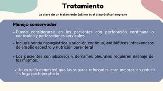 Incluye sonda nasogástrica a succión continua, antibióticos intravenosos
de amplio espectro y nutrición parenteral
Tratamiento
La clave de un tratamiento óptimo es el diagnóstico temprano
Puede considerarse en los pacientes con perforación confinada o
contenida y perforaciones cervicales
Los pacientes con abscesos y derrames pleurales requieren drenaje de
los mismos.
Un estudio demostró que las suturas reforzadas eran mejores en reducir
la fuga postoperatoria
Manejo conservador
 