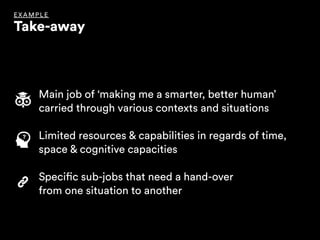 Main job of ‘making me a smarter, better human’
carried through various contexts and situations
Limited resources & capabilities in regards of time,
space & cognitive capacities
Specific sub-jobs that need a hand-over 
from one situation to another
EX AMPLE
Take-away
 
