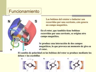 Funcionamiento
Las bobinas del estator o inductor son
recorridas por una corriente, esto genera
un campo magnético.
En el rotor, que también tiene bobinas
recorridas por una corriente, se origina otro
campo magnético.
Se produce una interacción de dos campos
magnéticos, lo que provoca un momento de giro en
el rotor.
El cambio de polaridad en las bobinas del rotor se produce mediante las
delgas y las escobillas
 