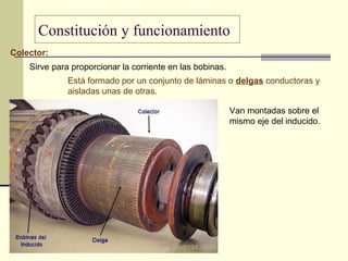 Constitución y funcionamiento
Colector:
Sirve para proporcionar la corriente en las bobinas.
Está formado por un conjunto de láminas o delgas conductoras y
aisladas unas de otras.
Van montadas sobre el
mismo eje del inducido.
 