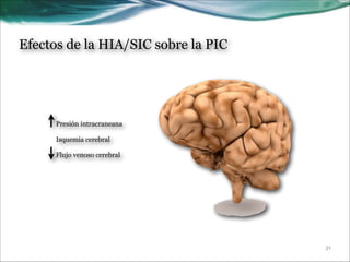 Efectos de la HIA/SIC sobre la PIC

Presión intracraneana

!
Isquemia cerebral
!

Flujo venoso cerebral

!31

 