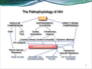 The Pathophysiology of IAH!
↑IAP
VASCULAR
COMPRESSION
↑RVP

↓IVC
Flow

DIAPHRAGMATIC
ELEVATION

DIRECT ORGAN
COMPRESSION

Cardiac
↑Intrathoracic
compression
pressure

↓Cardiac preload ↓Cardiac contractility ↑Systemic afterload
↑PV pressure

↓CARDIAC'OUTPUT
'
↑Renal Vascular
Resistance
RENAL FAILURE

↑Splanchnic
Vascular Resistance
ABDOMINAL WALL
ISCHAEMIA/OEDEMA

RESPIRATORY
FAILURE

↑ICP SPLANCHNIC
ISCHAEMIA

!32

 