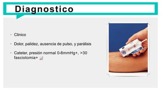 Diagnostico
• Clinico
• Dolor, palidez, ausencia de pulso, y parálisis
• Cateter, presión normal 0-8mmHg+, >30
fasciotomia+
 