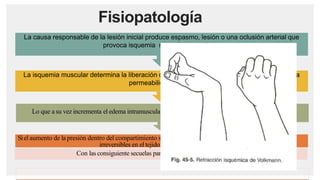 Fisiopatología
Siel aumento de la presión dentro del compartimiento se mantiene durante cierto tiempo provocara lesiones
irreversibles en el tejido muscular y nervioso
Con las consiguiente secuelas paraliticas yde retracción fibrosa
Lo que a su vez incrementa el edema intramuscular yen consecuencia la presión intracompartimental
La isquemia muscular determina la liberación de histamina con el consiguiente aumento de la
permeabilidad capilar
La causa responsable de la lesión inicial produce espasmo, lesión o una oclusión arterial que
provoca isquemia muscular y nerviosa.
 