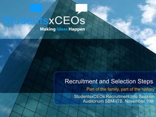 Recruitment and Selection Steps
        Part of the family, part of the history
   StudentsxCEOs Recruitment Info Session
       Auditorium SBM-ITB, November 10th
 