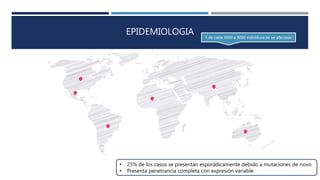 EPIDEMIOLOGIA 1 de cada 3000 a 5000 individuos se ve afectado
5
• 25% de los casos se presentan esporádicamente debido a mutaciones de novo
• Presenta penetrancia completa con expresión variable
 