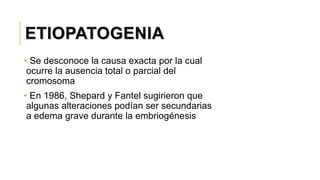 ETIOPATOGENIA
• Se desconoce la causa exacta por la cual
ocurre la ausencia total o parcial del
cromosoma
• En 1986, Shepard y Fantel sugirieron que
algunas alteraciones podían ser secundarias
a edema grave durante la embriogénesis
 