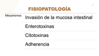 FISIOPATOLOGÍA
21
Mecanismos
Invasión de la mucosa intestinal
Enterotoxinas
Citotoxinas
Adherencia
 