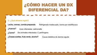 ¿CÓMO HACER UN DX
DIFERENCIAL DA?
• 2.- ¿Qué alimento ingirió?
- Leche, cremas, comida preparada
- ¿Huevos?
- ¿Carne?
- ¿Grasas aceites, fruta verde, alcohol?
Refrigerado inadecuado, toxina por estafilococo
Aves infectadas: salmonella
De animales infectados: C perfringens
Causa dietética de diarrea aguda
 