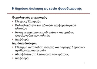 Η δημόσια διοίκηση ως εστία φοροδιαφυγής

Φορολογικός μηχανισμός
• Έλεγχος / Είσπραξη
• Πολυπλοκότητα και αδιαφάνεια φορολογικού
  πλαισίου
• Άνιση μεταχείριση εισοδημάτων και ομάδων
  φορολογούμενων πολιτών
• Διαφθορά
Δημόσια διοίκηση
• Έλλειμμα ανταποδοτικότητας και παροχής δημοσίων
  αγαθών και υπηρεσιών
• Αδιαφάνεια στη λειτουργία του κράτους
• Διαφθορά
                                                11
 