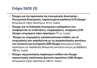 Στόχοι ΣΔΟΕ (3)
• Έλεγχοι για την προστασία της πνευματικής ιδιοκτησίας –
  Πνευματικά δικαιώματα, παραποιημένα προϊόντα (170 έλεγχοι
  εκτιμώμενο ύψος προστίμων 10 εκ. ευρώ)
• Έλεγχοι για τη διάπραξη οικονομικών εγκλημάτων που
  αναφέρονται σε επιδοτήσεις, επιχορηγήσεις, ενισχύσεις (150
  έλεγχοι εκτιμώμενο ύψος προστίμων 75 εκ. ευρώ)
• Έλεγχοι σε επιχειρήσεις κατασκευαστικού κλάδου και σε
  επιχειρήσεις που ασχολούνται με τις αγοραπωλησίες ακινήτων,
  την επισκευή και συντήρηση (200 έλεγχοι εκτιμώμενο ύψος
  προστίμων με παράλληλη δέσμευση ακινήτων για μη μεταβίβαση
  300 εκ. ευρώ)
• Έλεγχοι νομιμοποίησης παράνομων εσόδων και έλεγχοι
  περιουσιακής κατάστασης φυσικών προσώπων (100 έλεγχοι,
  εκτιμώμενο ύψος προστίμων 100 εκ. ευρώ)                    66
 