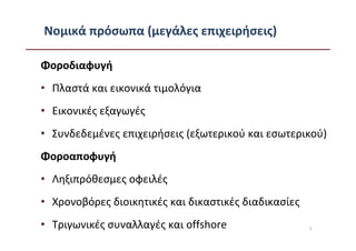Νομικά πρόσωπα (μεγάλες επιχειρήσεις)

Φοροδιαφυγή
• Πλαστά και εικονικά τιμολόγια
• Εικονικές εξαγωγές
• Συνδεδεμένες επιχειρήσεις (εξωτερικού και εσωτερικού)
Φοροαποφυγή
• Ληξιπρόθεσμες οφειλές
• Χρονοβόρες διοικητικές και δικαστικές διαδικασίες
• Τριγωνικές συναλλαγές και offshore                  7
 