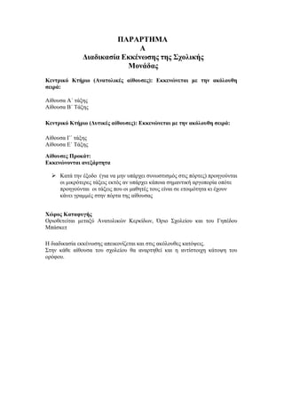 ΠΑΡΑΡΤΗΜΑ
Α
Διαδικασία Εκκένωσης της Σχολικής
Μονάδας
Κεντρικό Κτήριο (Ανατολικές αίθουσες): Εκκενώνεται με την ακόλουθη
σειρά:
Αίθουσα Α΄ τάξης
Αίθουσα Β΄ Τάξης
Κεντρικό Κτήριο (Δυτικές αίθουσες): Εκκενώνεται με την ακόλουθη σειρά:
Αίθουσα Γ΄ τάξης
Αίθουσα Ε΄ Τάξης
Αίθουσες Προκάτ:
Εκκενώνονται ανεξάρτητα
 Κατά την έξοδο (για να μην υπάρχει συνωστισμός στις πόρτες) προηγούνται
οι μικρότερες τάξεις εκτός αν υπάρχει κάποια σημαντική αργοπορία οπότε
προηγούνται οι τάξεις που οι μαθητές τους είναι σε ετοιμότητα κι έχουν
κάνει γραμμές στην πόρτα της αίθουσας
Χώρος Καταφυγής
Οριοθετείται μεταξύ Ανατολικών Κερκίδων, Όριο Σχολείου και του Γηπέδου
Μπάσκετ
Η διαδικασία εκκένωσης απεικονίζεται και στις ακόλουθες κατόψεις.
Στην κάθε αίθουσα του σχολείου θα αναρτηθεί και η αντίστοιχη κάτοψη του
ορόφου.
 