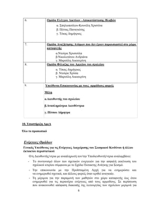 6
6. Ομάδα Ελέγχου Δικτύων –Αποκατάστασης Βλαβών
α. Σπηλιοπούλου-Κουνέλη Χριστίνα
β. Πέττας Παναγιώτης
γ. Τόκας Δημήτριος
7. Ομάδα Αναζήτησης Ατόμων που δεν έχουν παρουσιαστεί στο χώρο
καταφυγής
α.Ντούρα Χρυσούλα
β.Νικολετάτου Ανδριάνα
γ. Μαρούλη Αικατερίνη
8. Ομάδα Φύλαξης του Αρχείου του σχολείου
α. Τόκας Δημήτριος
β. Ντούρα Χρύσα
γ. Μαρούλη Αικατερίνη
9. Υπεύθυνοι Επικοινωνίας με τους αρμόδιους φορείς
Μέλη
α.Διευθυντής του σχολείου
β.Αναπληρώτρια Διευθύντρια
γ. Πίτσου Δήμητρα
10. Υποστήριξη ΑμεΑ
Όλο το προσωπικό
Ενέργειες Ομάδων
Γενικός Υπεύθυνος για τις Ενέργειες Διαχείρισης του Σεισμικού Κινδύνου ή άλλου
έκτακτου περιστατικού
Ο/η Διευθυντής/ντρια με αναπληρωτή τον/την Υποδιευθυντή/ντρια αναλαμβάνει:
- Το συντονισμό όλων των σχετικών ενεργειών για την ασφαλή εκκένωση του
σχολικού κτιρίου σύμφωνα με το Σχέδιο Έκτακτης Ανάγκης για Σεισμό.
- Την επικοινωνία με την Προϊσταμένη Αρχή για να ενημερώσει και
να ενημερωθεί σχετικά, και άλλους φορείς όταν κριθεί αναγκαίο.
- Τη μέριμνα για την παραμονή των μαθητών στο χώρο καταφυγής έως ότου
ενημερωθεί για τις περαιτέρω ενέργειες από τους αρμοδίους. Σε περίπτωση
που ανακοινωθεί απόφαση διακοπής της λειτουργίας των σχολείων μεριμνά για
 