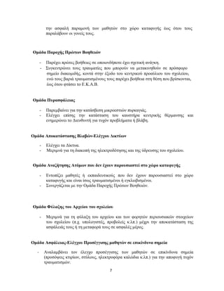 7
την ασφαλή παραμονή των μαθητών στο χώρο καταφυγής έως ότου τους
παραλάβουν οι γονείς τους.
Ομάδα Παροχής Πρώτων Βοηθειών
- Παρέχει πρώτες βοήθειες σε οποιονδήποτε έχει σχετική ανάγκη.
- Συγκεντρώνει τους τραυματίες που μπορούν να μετακινηθούν σε πρόσφορο
σημείο διακομιδής, κοντά στην έξοδο του κεντρικού προαύλιου του σχολείου,
ενώ τους βαριά τραυματισμένους τους παρέχει βοήθεια στη θέση που βρίσκονται,
έως ότου φτάσει το Ε.Κ.Α.Β.
Ομάδα Πυρασφάλειας
- Παρεμβαίνει για την κατάσβεση μικροεστιών πυρκαγιάς.
- Ελέγχει επίσης την κατάσταση του καυστήρα κεντρικής θέρμανσης και
ενημερώνει το Διευθυντή για τυχόν προβλήματα ή βλάβη.
Ομάδα Αποκατάστασης Βλαβών-Ελέγχου Δικτύων
- Ελέγχει τα Δίκτυα.
- Μεριμνά για τη διακοπή της ηλεκτροδότησης και της ύδρευσης του σχολείου.
Ομάδα Αναζήτησης Ατόμων που δεν έχουν παρουσιαστεί στο χώρο καταφυγής
- Εντοπίζει μαθητές ή εκπαιδευτικούς που δεν έχουν παρουσιαστεί στο χώρο
καταφυγής και είναι ίσως τραυματισμένοι ή εγκλωβισμένοι.
- Συνεργάζεται με την Ομάδα Παροχής Πρώτων Βοηθειών.
Ομάδα Φύλαξης του Αρχείου του σχολείου
- Μεριμνά για τη φύλαξη του αρχείου και των φορητών περιουσιακών στοιχείων
του σχολείου (π.χ. υπολογιστές, προβολείς κ.λπ.) μέχρι την αποκατάσταση της
ασφάλειάς τους ή τη μεταφορά τους σε ασφαλές μέρος.
Ομάδα Ασφάλειας-Ελέγχου Προσέγγισης μαθητών σε επικίνδυνα σημεία
- Αναλαμβάνει τον έλεγχο προσέγγισης των μαθητών σε επικίνδυνα σημεία
(προσόψεις κτιρίων, στύλους, ηλεκτροφόρα καλώδια κ.λπ.) για την αποφυγή τυχόν
τραυματισμών.
 