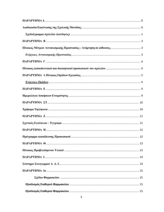 3
ΠΑΡΑΡΤΗΜΑ Α ................................................................................................................................. 0
Διαδικασία Εκκένωσης της Σχολικής Μονάδας................................................................................ 0
Σχεδιάγραμμα σχολείου (κατόψεις) ............................................................................................... 1
ΠΑΡΑΡΤΗΜΑ Β ................................................................................................................................ 3
Πίνακας Μέτρων Αντισεισμικής Προστασίας - Ανάρτηση σε αίθουσες......................................... 3
Ενέργειες Αντισεισμικής Προστασίας............................................................................................. 3
ΠΑΡΑΡΤΗΜΑ Γ ................................................................................................................................ 4
Πίνακας εκπαιδευτικού και διοικητικού προσωπικού του σχολείου............................................... 4
ΠΑΡΑΡΤΗΜΑ Δ Πίνακας Ομάδων Εργασίας................................................................................. 5
Ενέργειες Ομάδων ............................................................................................................................ 6
ΠΑΡΑΡΤΗΜΑ Ε ................................................................................................................................ 9
Ημερολόγιο Ασκήσεων Ετοιμότητας ................................................................................................. 9
ΠΑΡΑΡΤΗΜΑ ΣΤ............................................................................................................................ 10
Χρήσιμα Τηλέφωνα ........................................................................................................................... 10
ΠΑΡΑΡΤΗΜΑ Ζ .............................................................................................................................. 11
Σχετικές Εγκύκλιοι – Έγγραφα ........................................................................................................ 11
ΠΑΡΑΡΤΗΜΑ Η.............................................................................................................................. 12
Πρόγραμμα εκπαίδευσης Προσωπικού............................................................................................ 12
ΠΑΡΑΡΤΗΜΑ Θ.............................................................................................................................. 13
Πίνακας Προβλεπόμενου Υλικού ..................................................................................................... 13
ΠΑΡΑΡΤΗΜΑ Ι................................................................................................................................ 14
Σύστημα Συναγερμού Δ. Α. Ι............................................................................................................ 14
ΠΑΡΑΡΤΗΜΑ Ια ............................................................................................................................. 15
Σχέδιο Φαρμακείου ........................................................................................................... 15
Εξοπλισμός Σταθερού Φαρμακείου .............................................................................................. 15
Εξοπλισμός Σταθερού Φαρμακείου .............................................................................................. 15
 