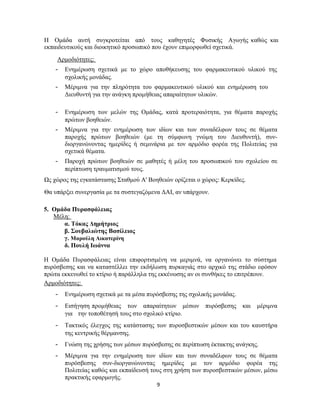 9
Η Ομάδα αυτή συγκροτείται από τους καθηγητές Φυσικής Αγωγής καθώς και
εκπαιδευτικούς και διοικητικό προσωπικό που έχουν επιμορφωθεί σχετικά.
Αρμοδιότητες:
- Ενημέρωση σχετικά με το χώρο αποθήκευσης του φαρμακευτικού υλικού της
σχολικής μονάδας.
- Μέριμνα για την πληρότητα του φαρμακευτικού υλικού και ενημέρωση του
Διευθυντή για την ανάγκη προμήθειας απαραίτητων υλικών.
- Ενημέρωση των μελών της Ομάδας, κατά προτεραιότητα, για θέματα παροχής
πρώτων βοηθειών.
- Μέριμνα για την ενημέρωση των ιδίων και των συναδέλφων τους σε θέματα
παροχής πρώτων βοηθειών (με τη σύμφωνη γνώμη του Διευθυντή), συν-
διοργανώνοντας ημερίδες ή σεμινάρια με τον αρμόδιο φορέα της Πολιτείας για
σχετικά θέματα.
- Παροχή πρώτων βοηθειών σε μαθητές ή μέλη του προσωπικού του σχολείου σε
περίπτωση τραυματισμού τους.
Ως χώρος της εγκατάστασης Σταθμού Α' Βοηθειών ορίζεται ο χώρος: Κερκίδες.
Θα υπάρξει συνεργασία με τα συστεγαζόμενα ΔΑΙ, αν υπάρχουν.
5. Ομάδα Πυρασφάλειας
Μέλη:
α. Τόκας Δημήτριος
β. Σουβαλιώτης Βασίλειος
γ. Μαρούλη Αικατερίνη
δ. Πουλή Ιωάννα
Η Ομάδα Πυρασφάλειας είναι επιφορτισμένη να μεριμνά, να οργανώνει το σύστημα
πυρόσβεσης και να καταστέλλει την εκδήλωση πυρκαγιάς στο αρχικό της στάδιο εφόσον
πρώτα εκκενωθεί το κτίριο ή παράλληλα της εκκένωσης αν οι συνθήκες το επιτρέπουν.
Αρμοδιότητες:
- Ενημέρωση σχετικά με τα μέσα πυρόσβεσης της σχολικής μονάδας.
- Εισήγηση προμήθειας των απαραίτητων μέσων πυρόσβεσης και μέριμνα
για την τοποθέτησή τους στο σχολικό κτίριο.
- Τακτικός έλεγχος της κατάστασης των πυροσβεστικών μέσων και του καυστήρα
της κεντρικής θέρμανσης.
- Γνώση της χρήσης των μέσων πυρόσβεσης σε περίπτωση έκτακτης ανάγκης.
- Μέριμνα για την ενημέρωση των ιδίων και των συναδέλφων τους σε θέματα
πυρόσβεσης συν-διοργανώνοντας ημερίδες με τον αρμόδιο φορέα της
Πολιτείας καθώς και εκπαίδευσή τους στη χρήση των πυροσβεστικών μέσων, μέσω
πρακτικής εφαρμογής.
 